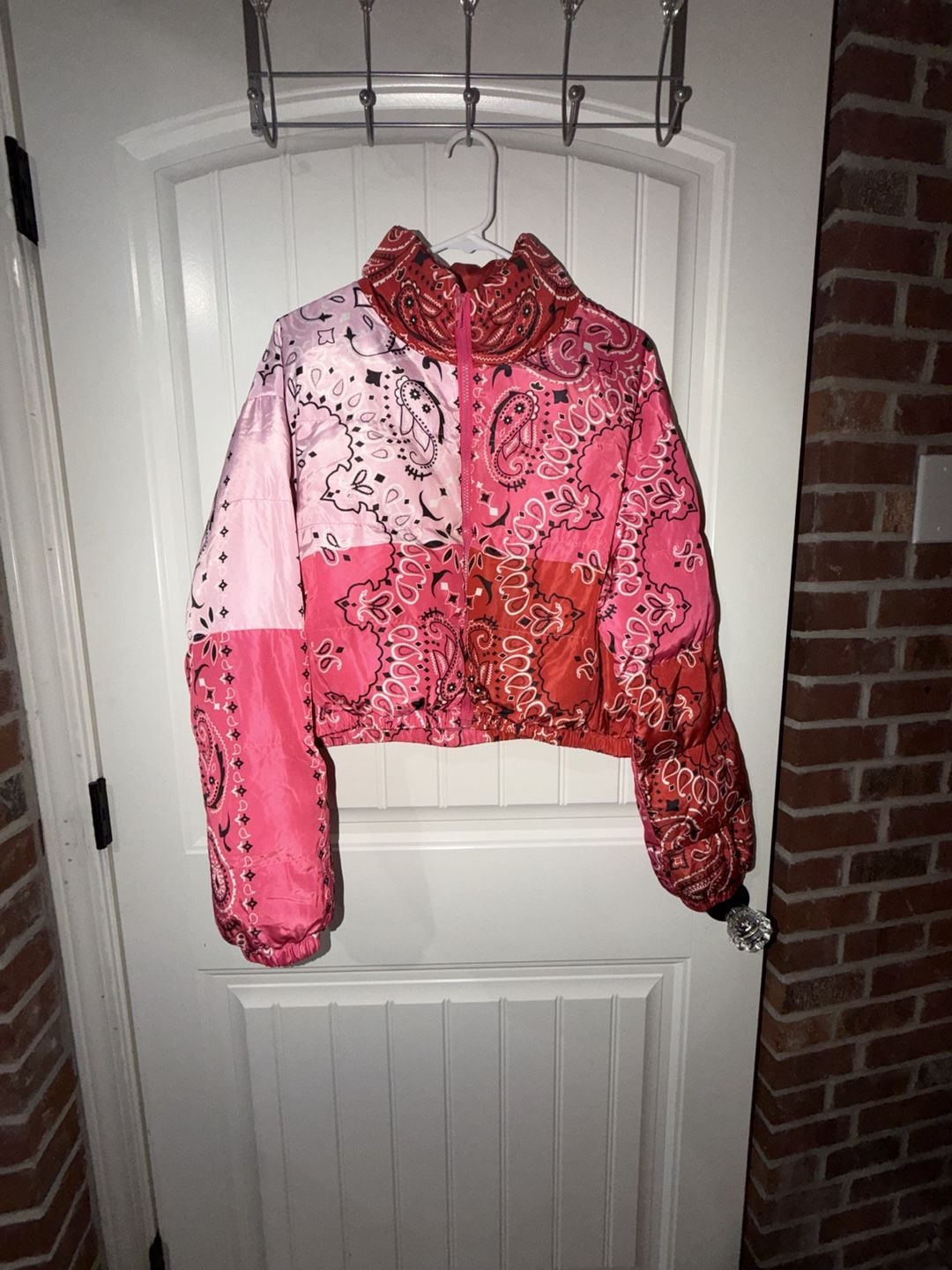 Bandana Print Puffer Jacket Pink Red 2