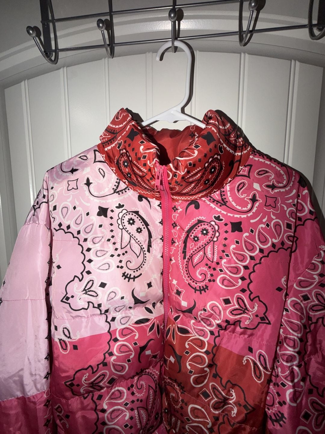Bandana Print Puffer Jacket Pink Red 3