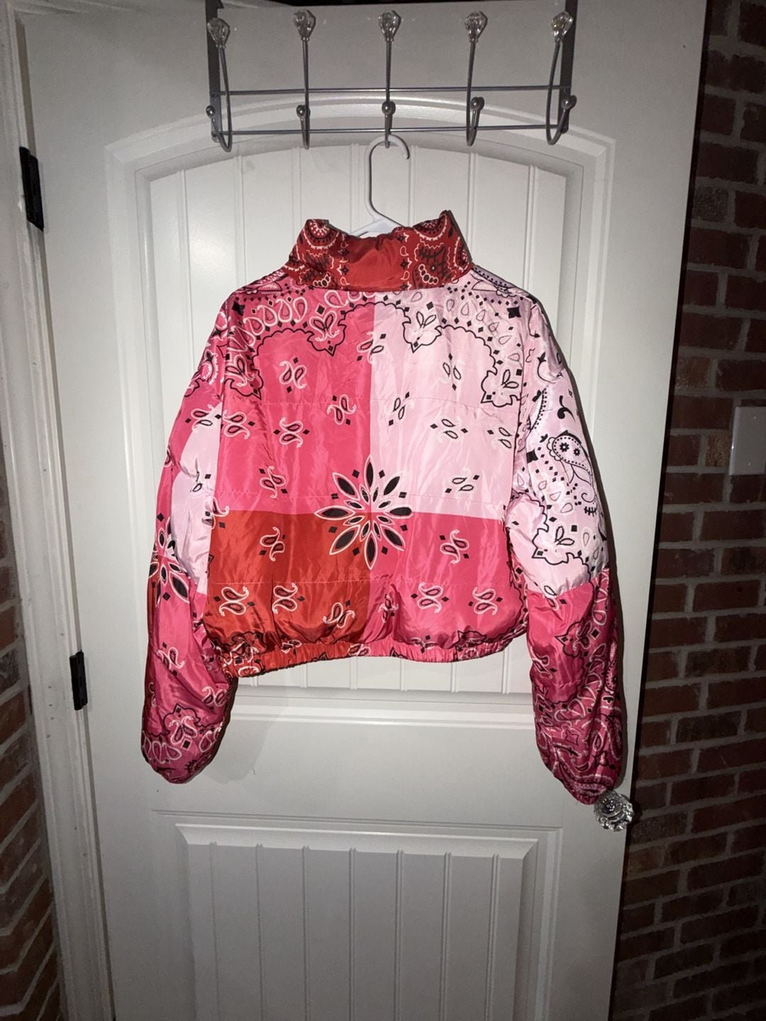Bandana Print Puffer Jacket Pink Red 4