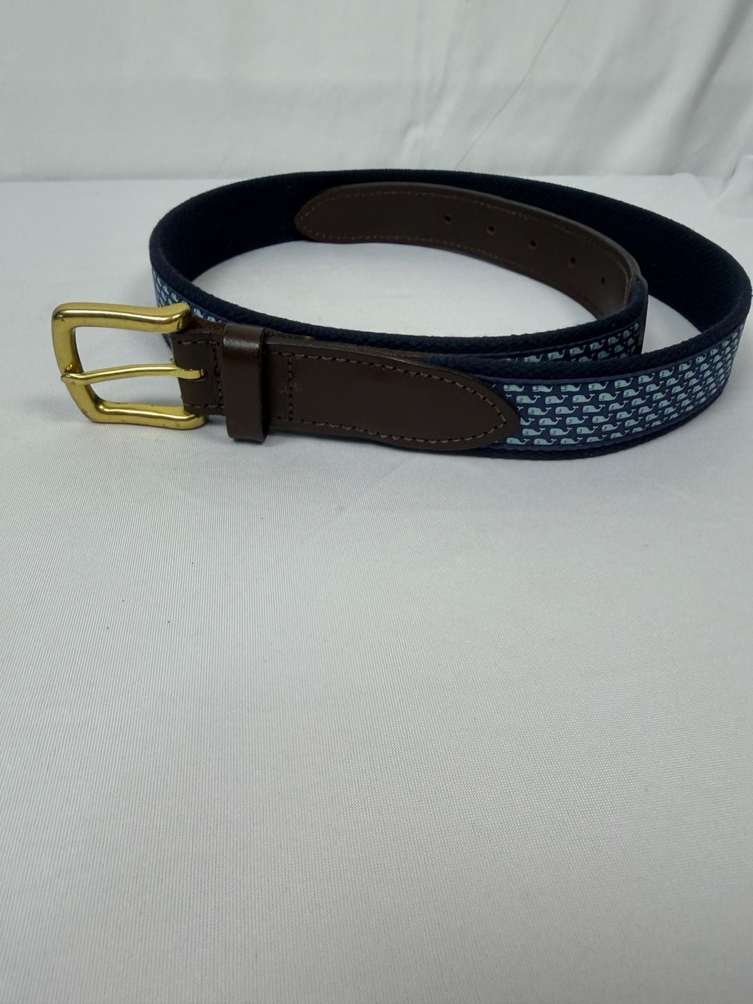 Vineyard Vines Whale Belt Size 38 Blue Canvas Leather 1