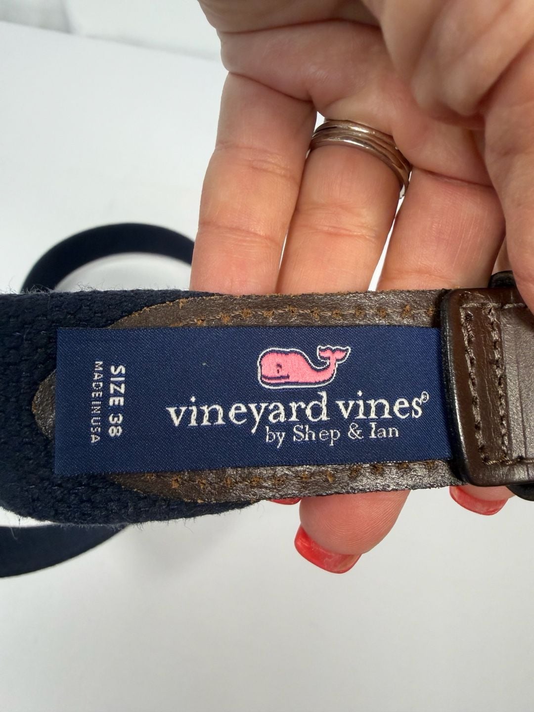 Vineyard Vines Whale Belt Size 38 Blue Canvas Leather 4