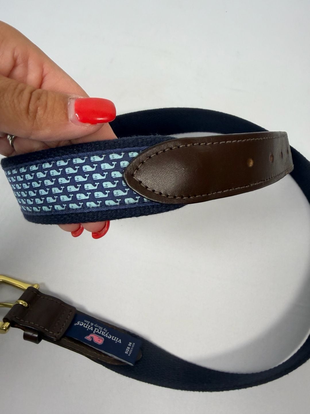 Vineyard Vines Whale Belt Size 38 Blue Canvas Leather 5