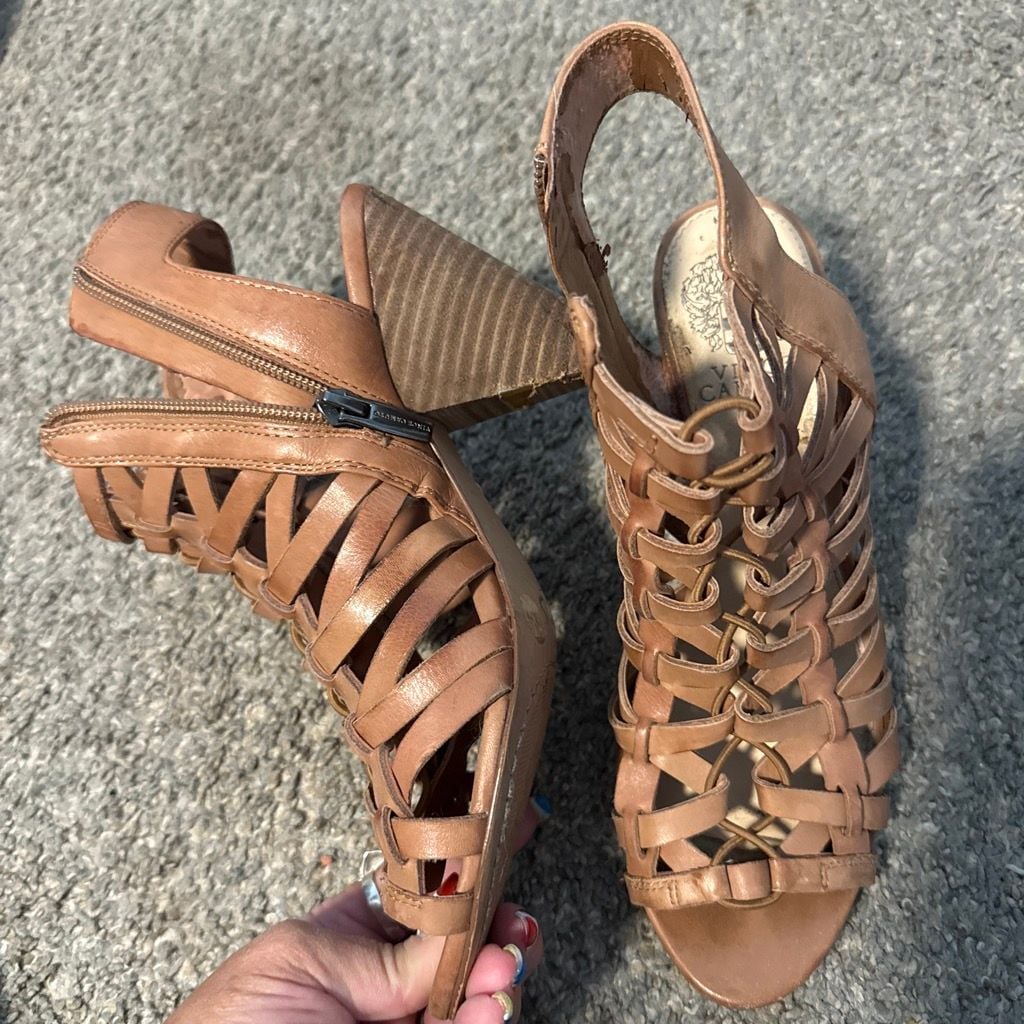 Vince Camuto Brown Woven Leather Heeled Sandals 7.5 7