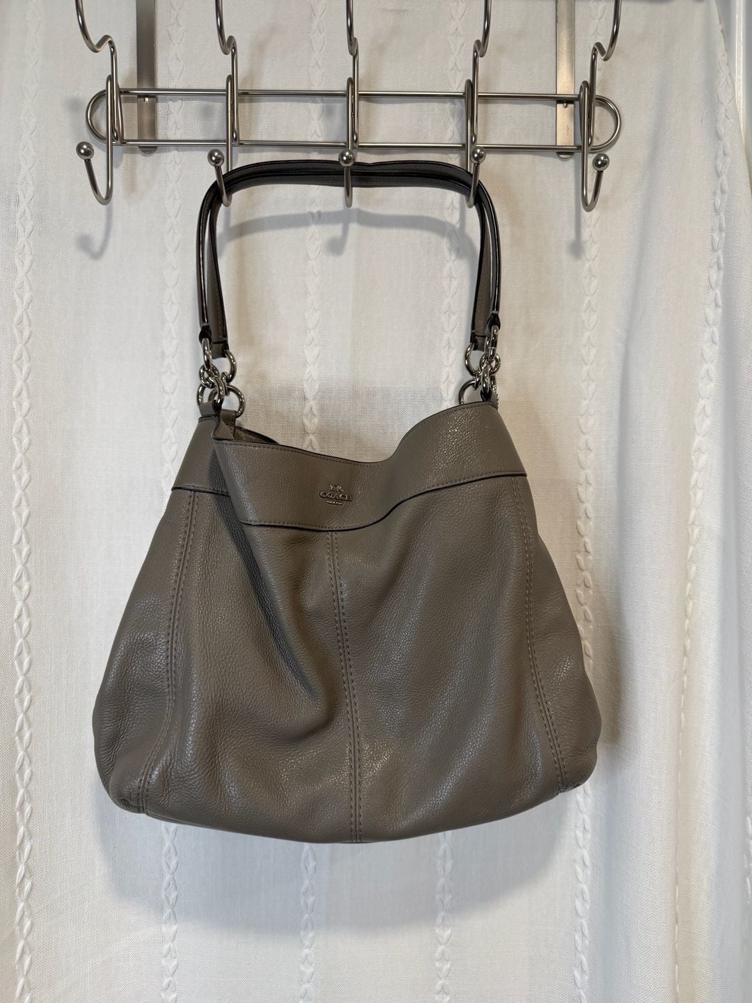 Coach Gray Pebbled Leather Hobo Shoulder Bag Purse Silver Hardware 2