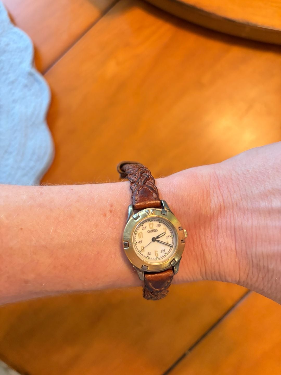 Vintage 90s GUESS Women’s Watch Brown Braided Leather Band Silver Tone Quartz 7