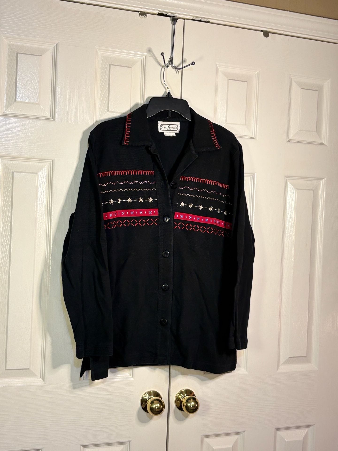 Saint Germain Embroidered Button Down Shirt Size Large Black Cotton 9