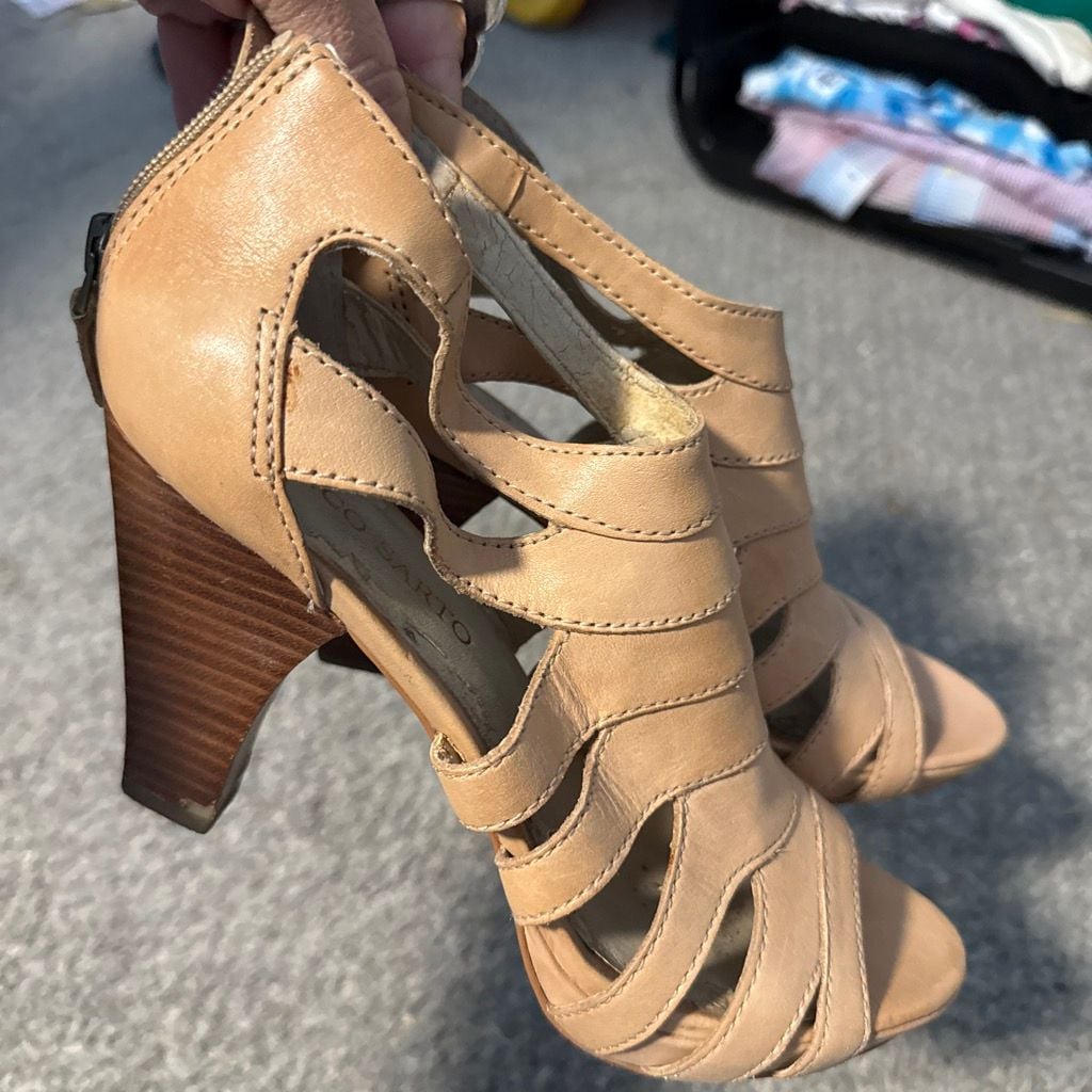 Franco Sarto Nude Leather Strappy Block Heel Sandals 8 4