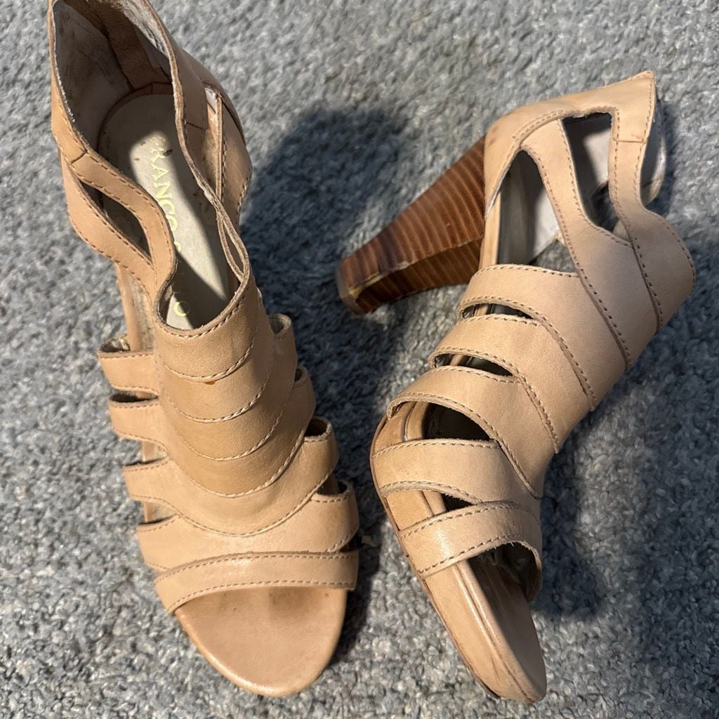 Franco Sarto Nude Leather Strappy Block Heel Sandals 8 5