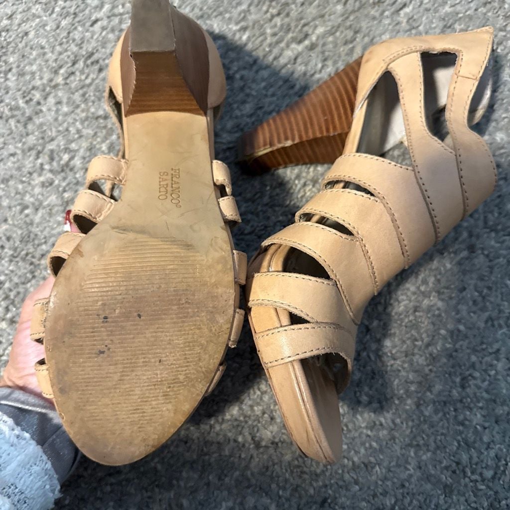 Franco Sarto Nude Leather Strappy Block Heel Sandals 8 6