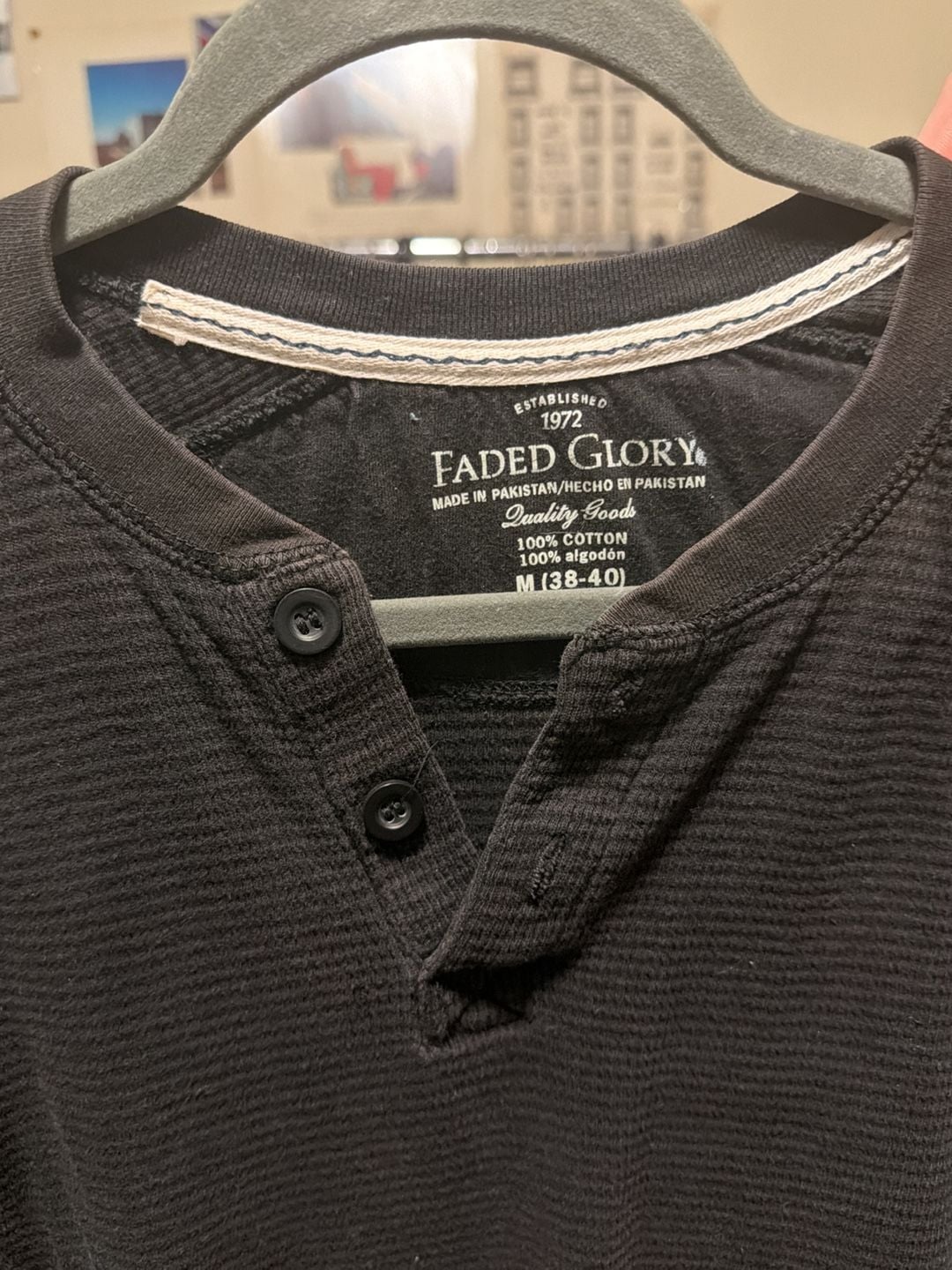 Faded Glory Thermal Henley Size M Black Long Sleeve Waffle Shirt 3