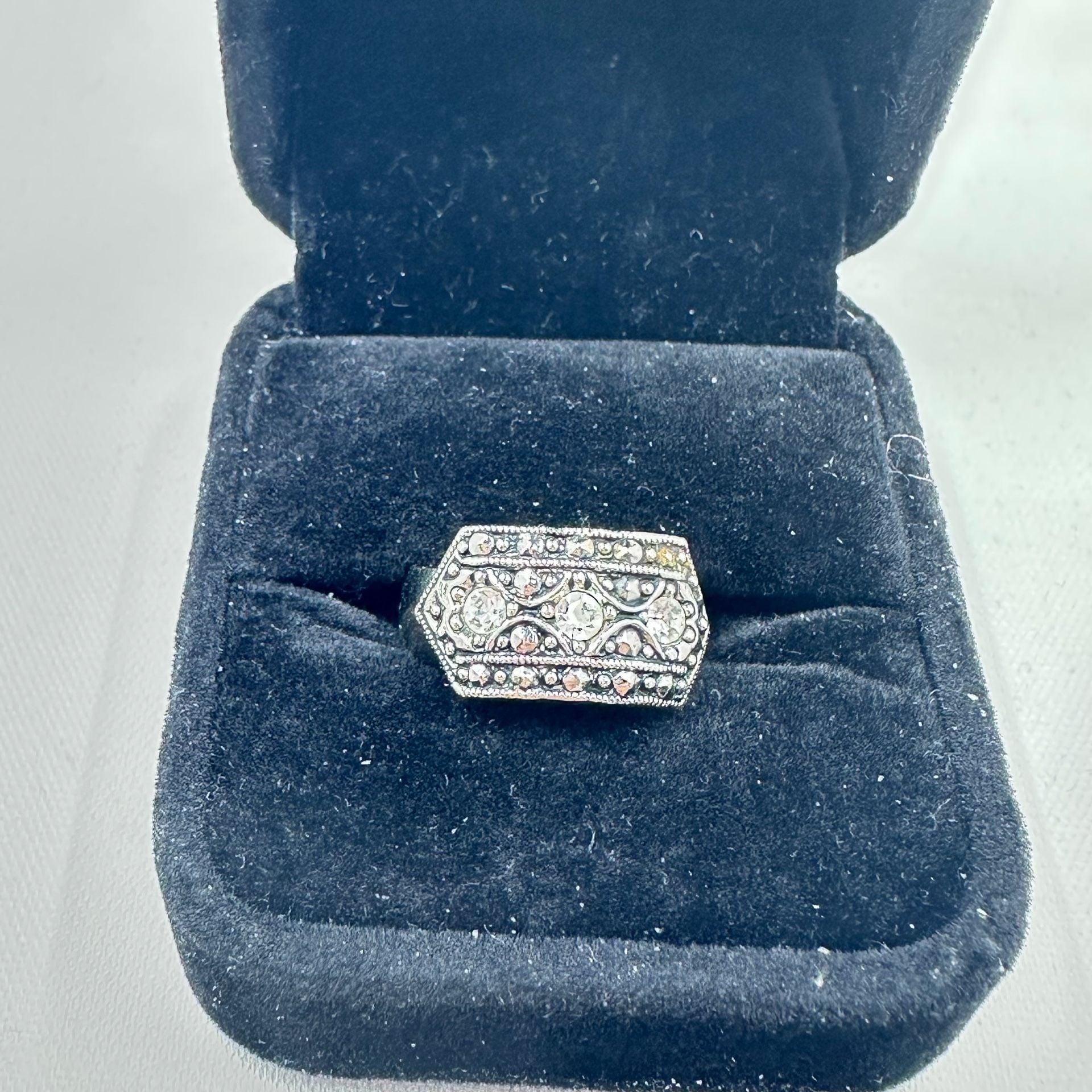 Vintage Ornate Statement Ring Silver Tone Filigree Clear Rhinestone Size 7.5 2