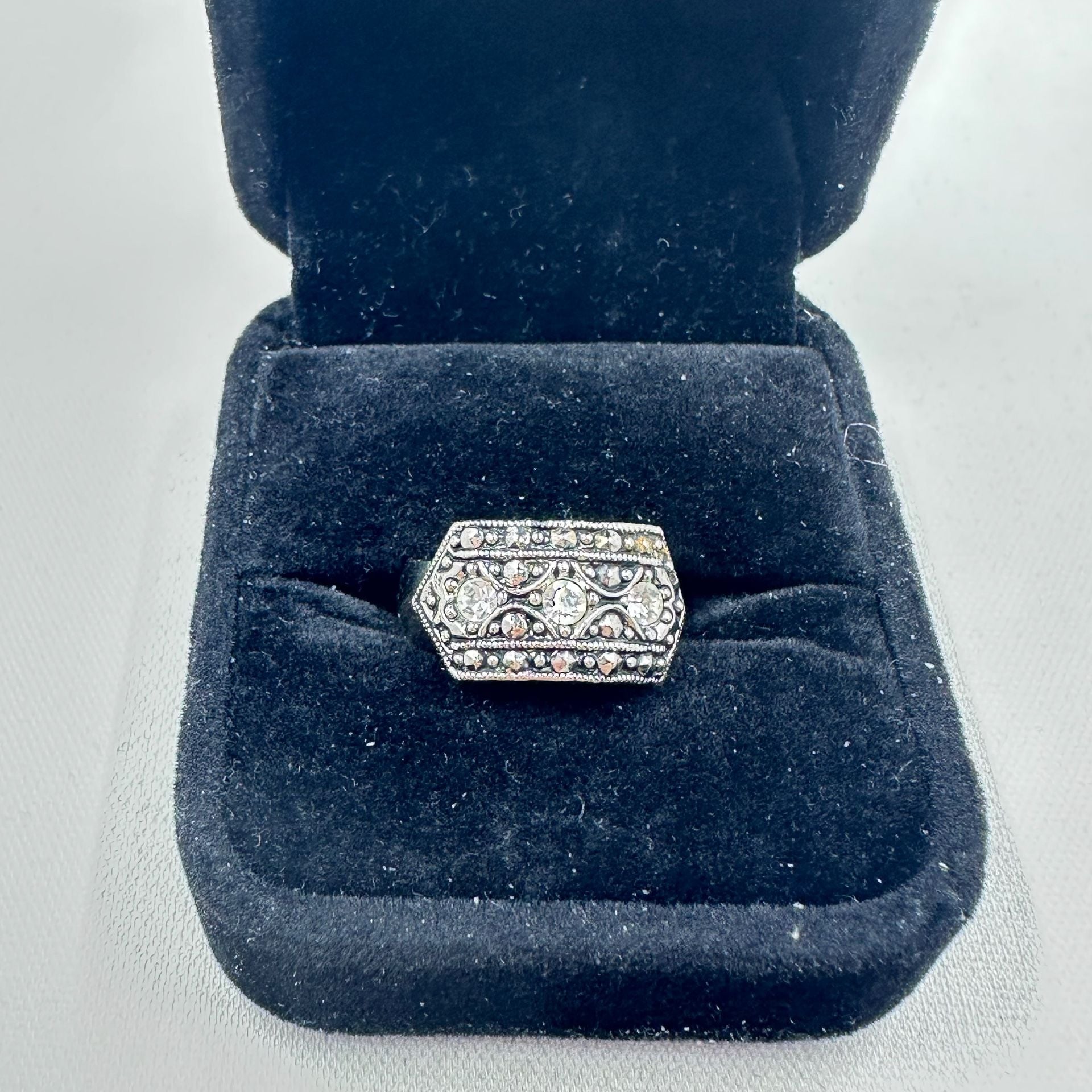 Vintage Ornate Statement Ring Silver Tone Filigree Clear Rhinestone Size 7.5 3