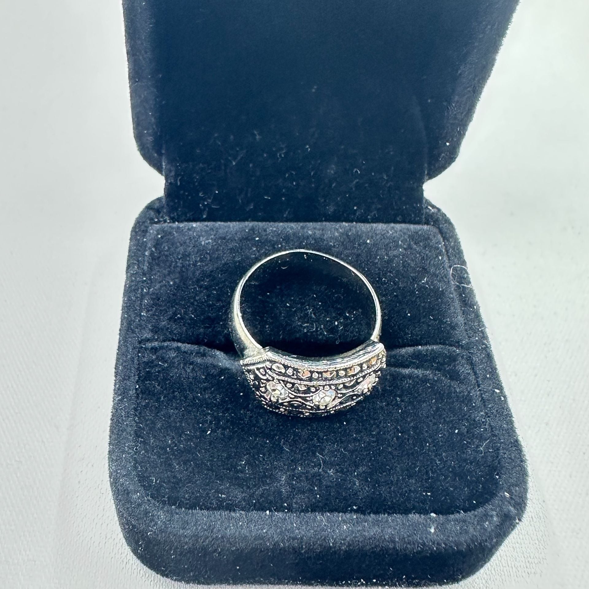 Vintage Ornate Statement Ring Silver Tone Filigree Clear Rhinestone Size 7.5 4