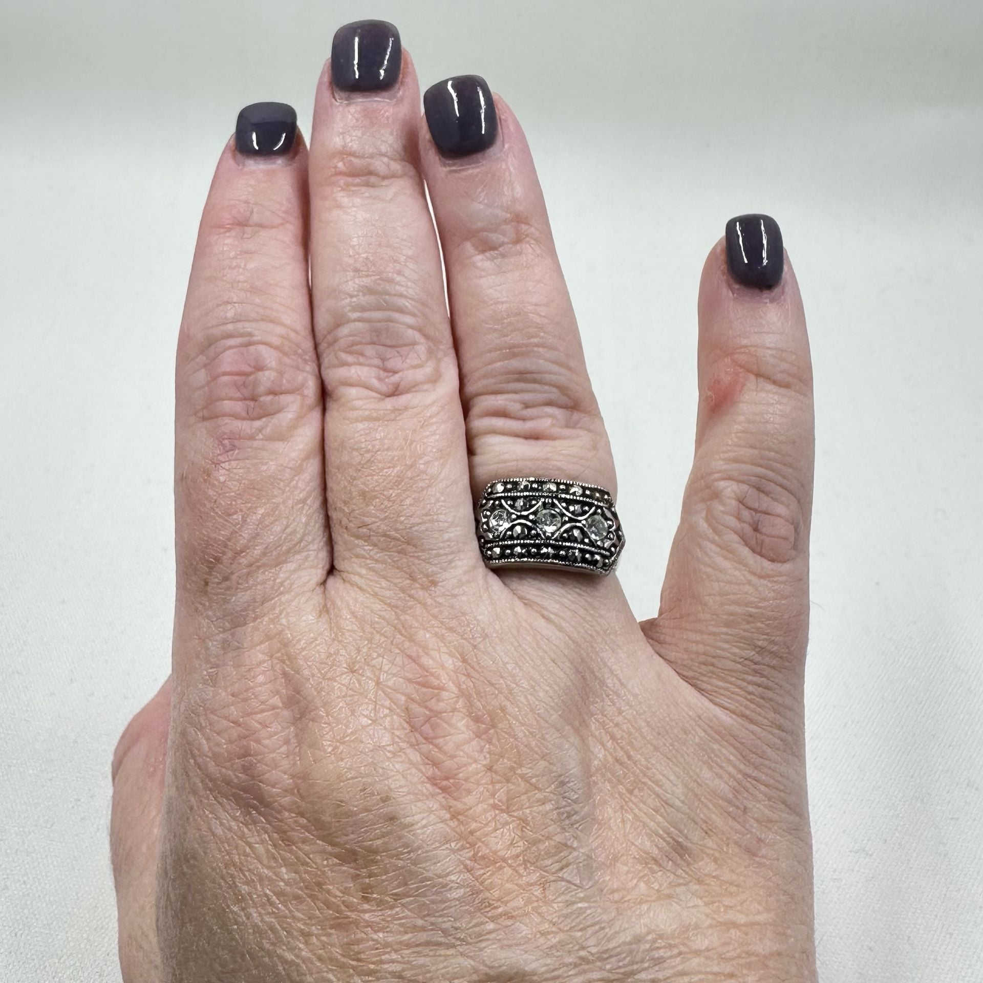 Vintage Ornate Statement Ring Silver Tone Filigree Clear Rhinestone Size 7.5 7