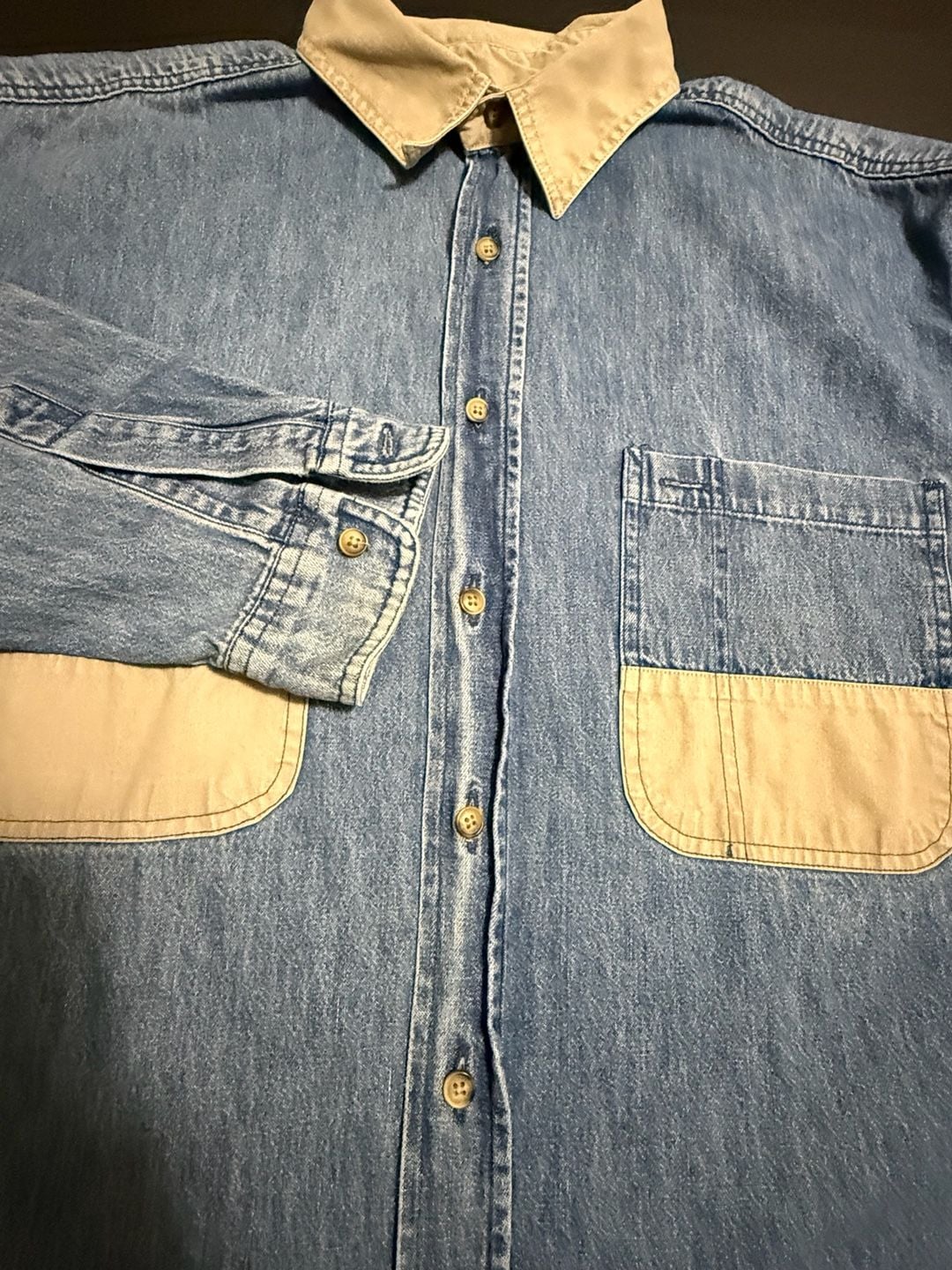 Ruff Hewn Denim Shirt Size L Contrasting Collar Pocket Panels 4