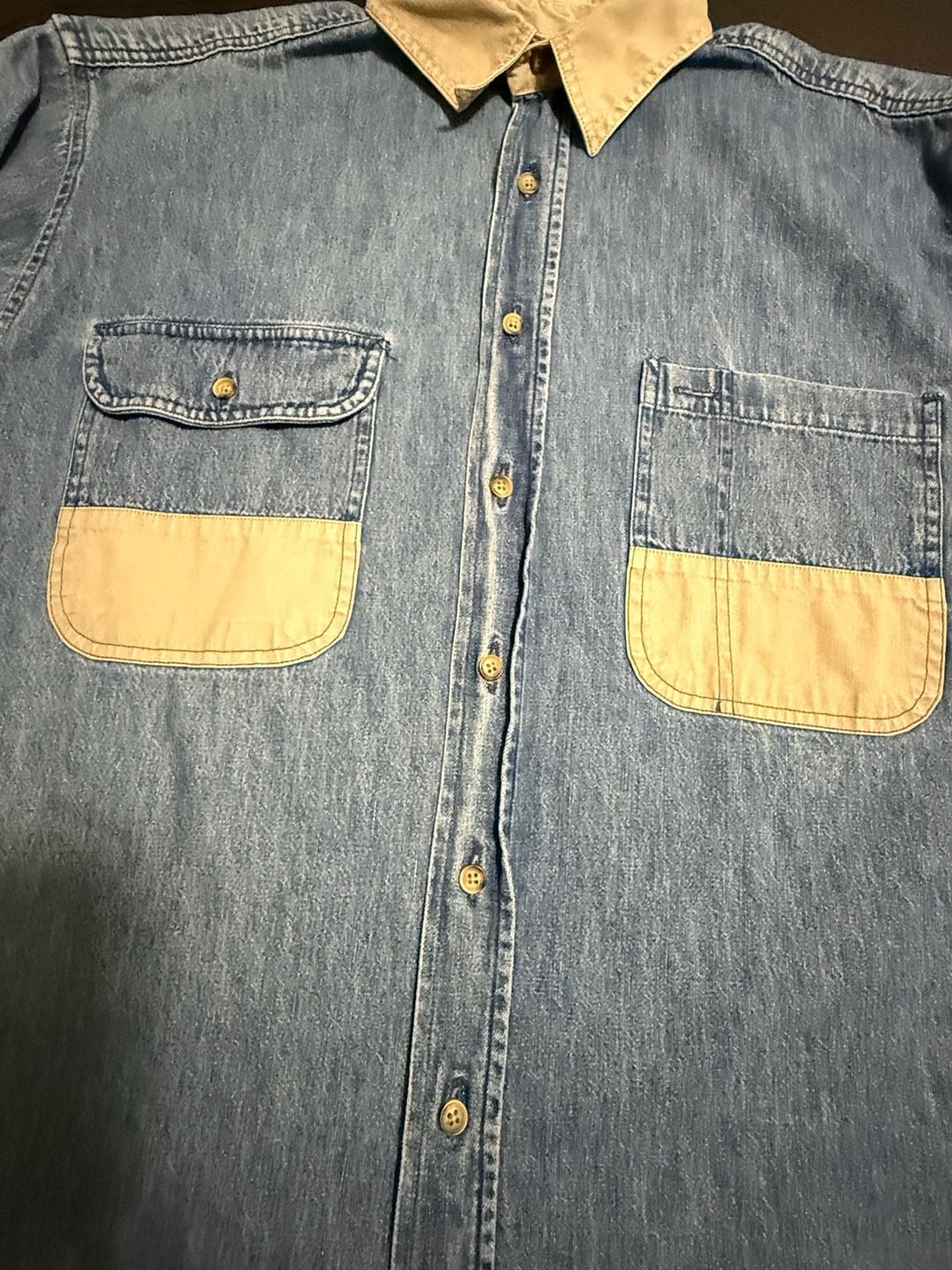 Ruff Hewn Denim Shirt Size L Contrasting Collar Pocket Panels 5