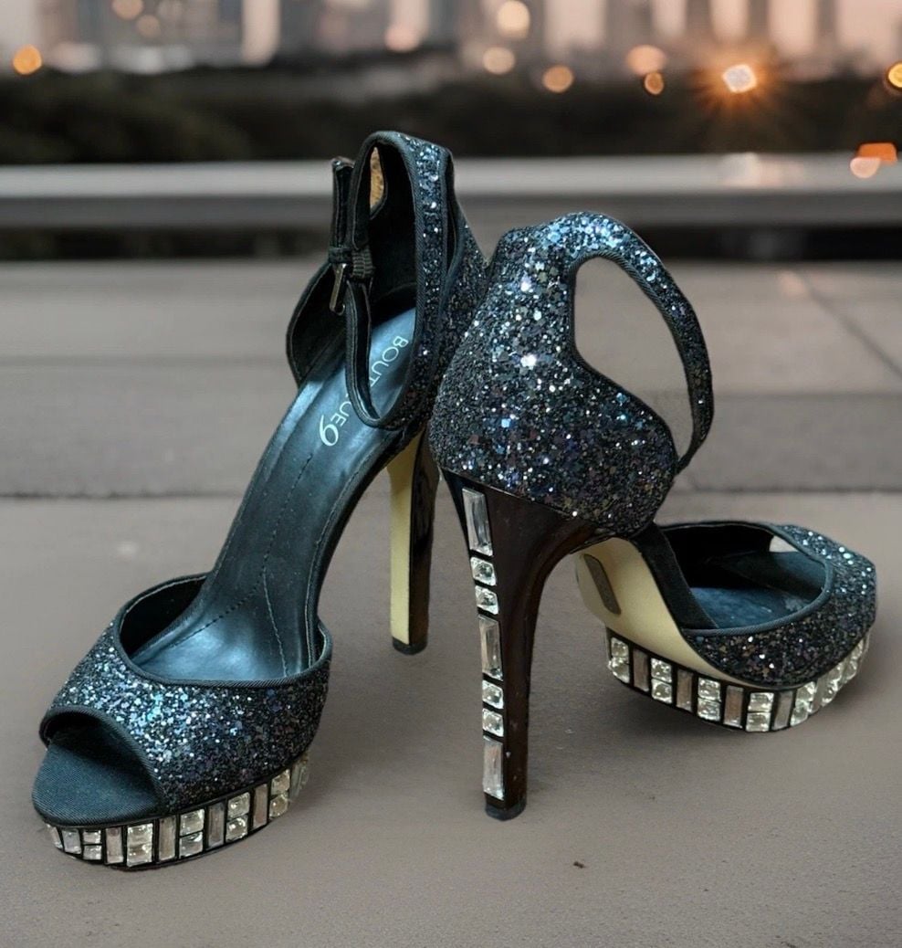 Boutique 9 Black Glitter Platform Stilettos Size 8.5 Rhinestone Heels 2