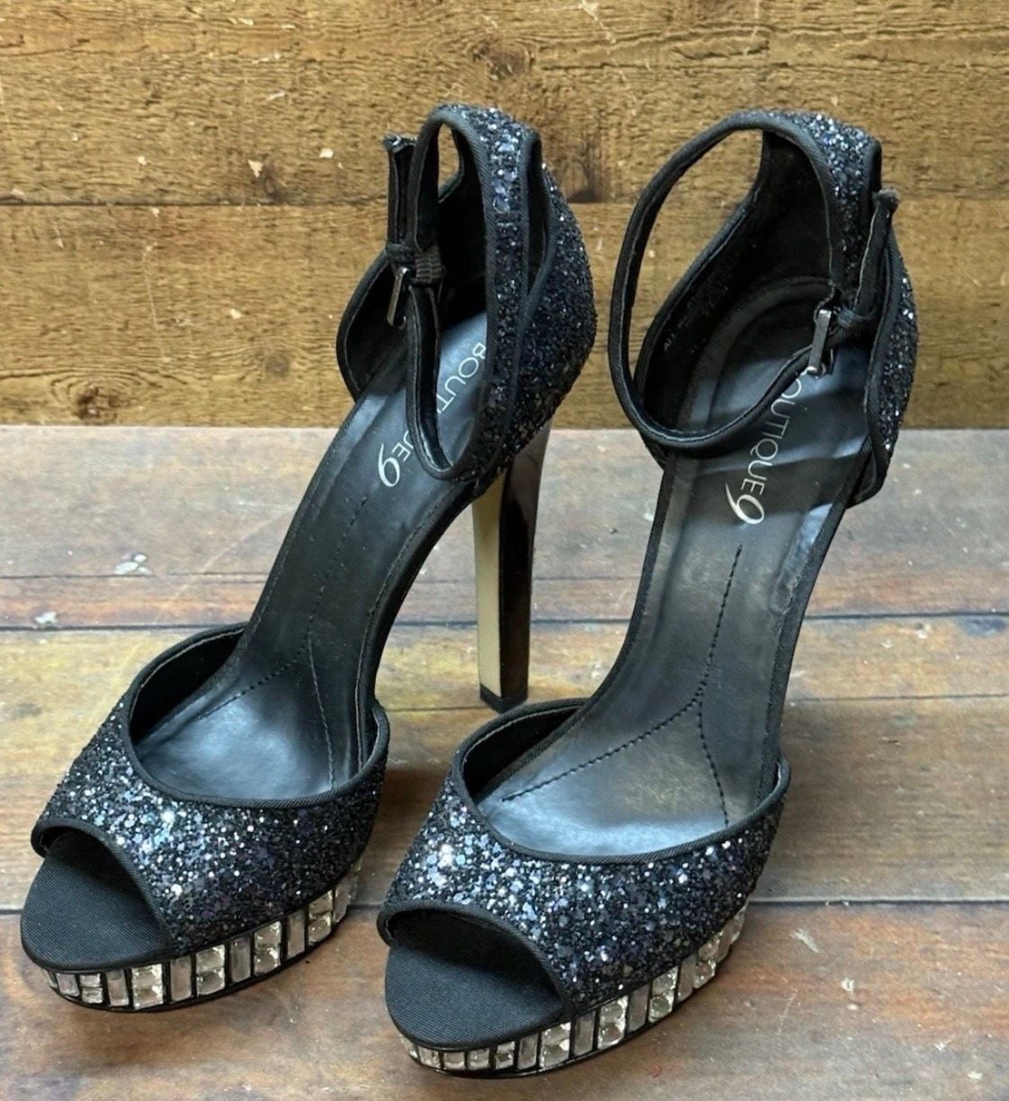 Boutique 9 Black Glitter Platform Stilettos Size 8.5 Rhinestone Heels 10