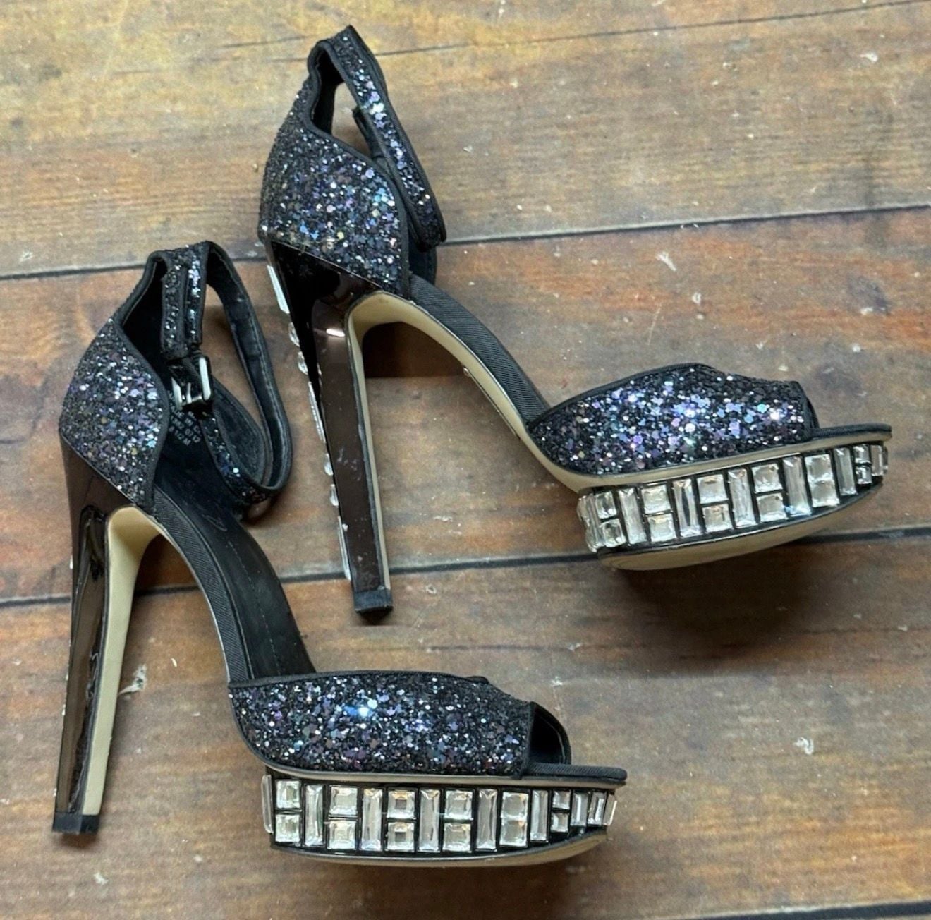 Boutique 9 Black Glitter Platform Stilettos Size 8.5 Rhinestone Heels 11