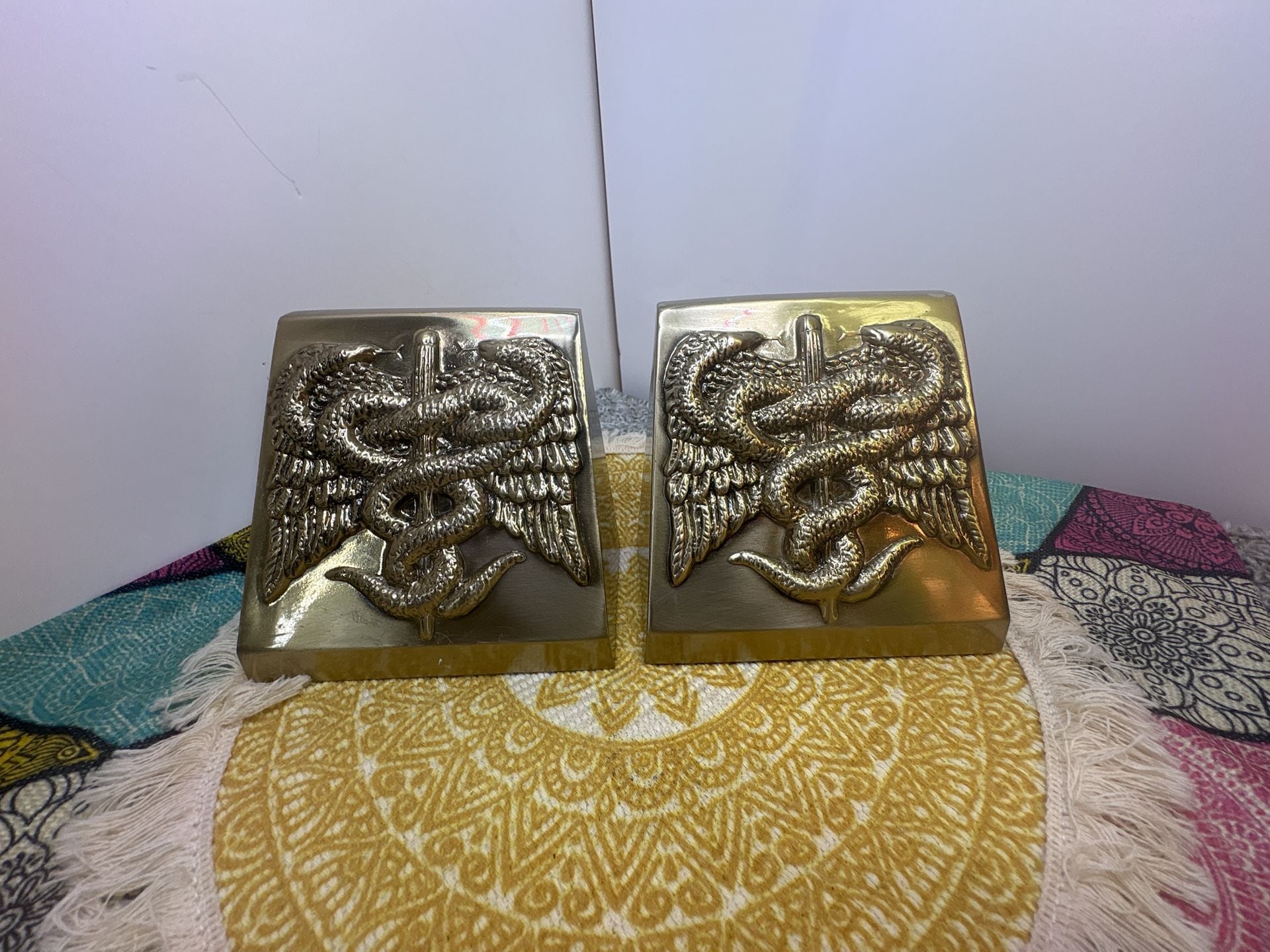 Pm Craftsman Caduceus Medical Brass Bookends - Vintage Physician 1
