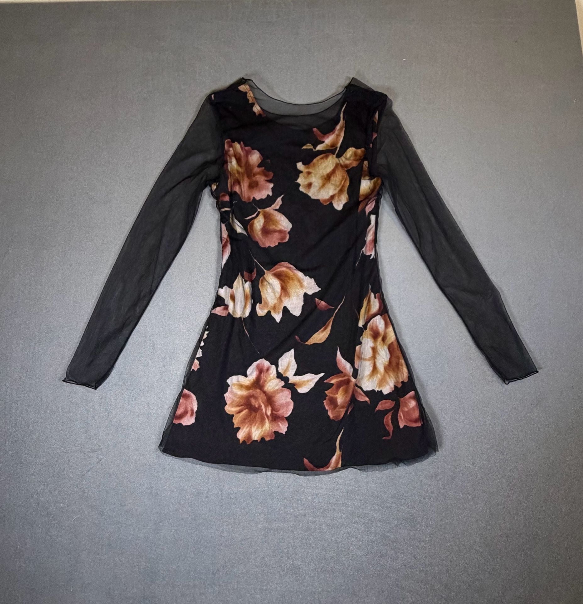 Vintage J.S.P. Y2K Floral Mesh Long Sleeve Mini Dress Black Brown Small 7