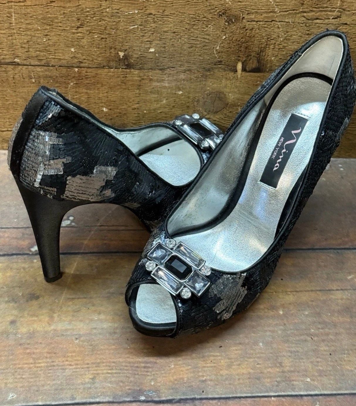 Nina New York Black Sequin Crystal Gem Peep Toe Heels 2