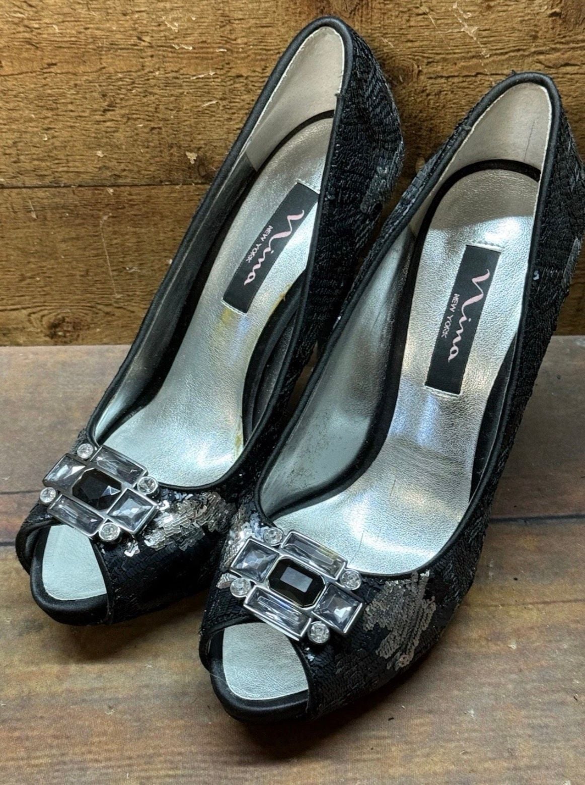 Nina New York Black Sequin Crystal Gem Peep Toe Heels 9