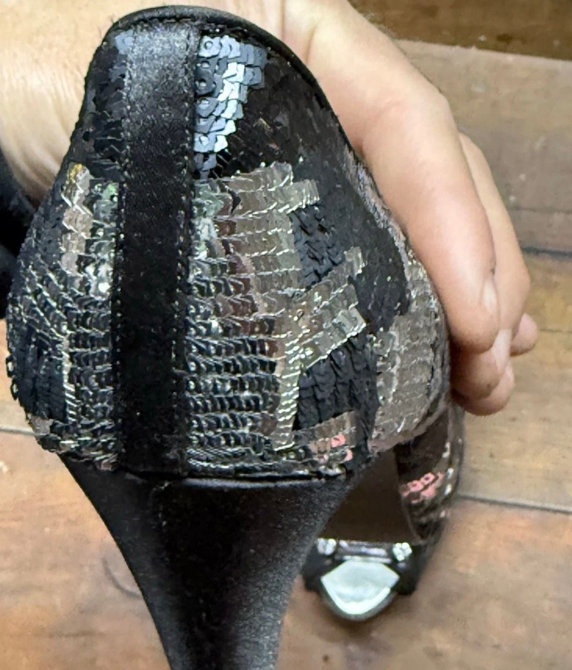 Nina New York Black Sequin Crystal Gem Peep Toe Heels 11