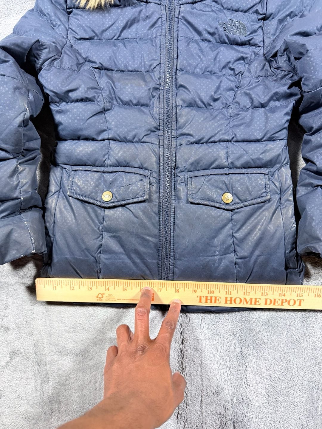 The North Face Gotham II Down Jacket Size 7/8 Navy Blue Faux Fur Hood 7