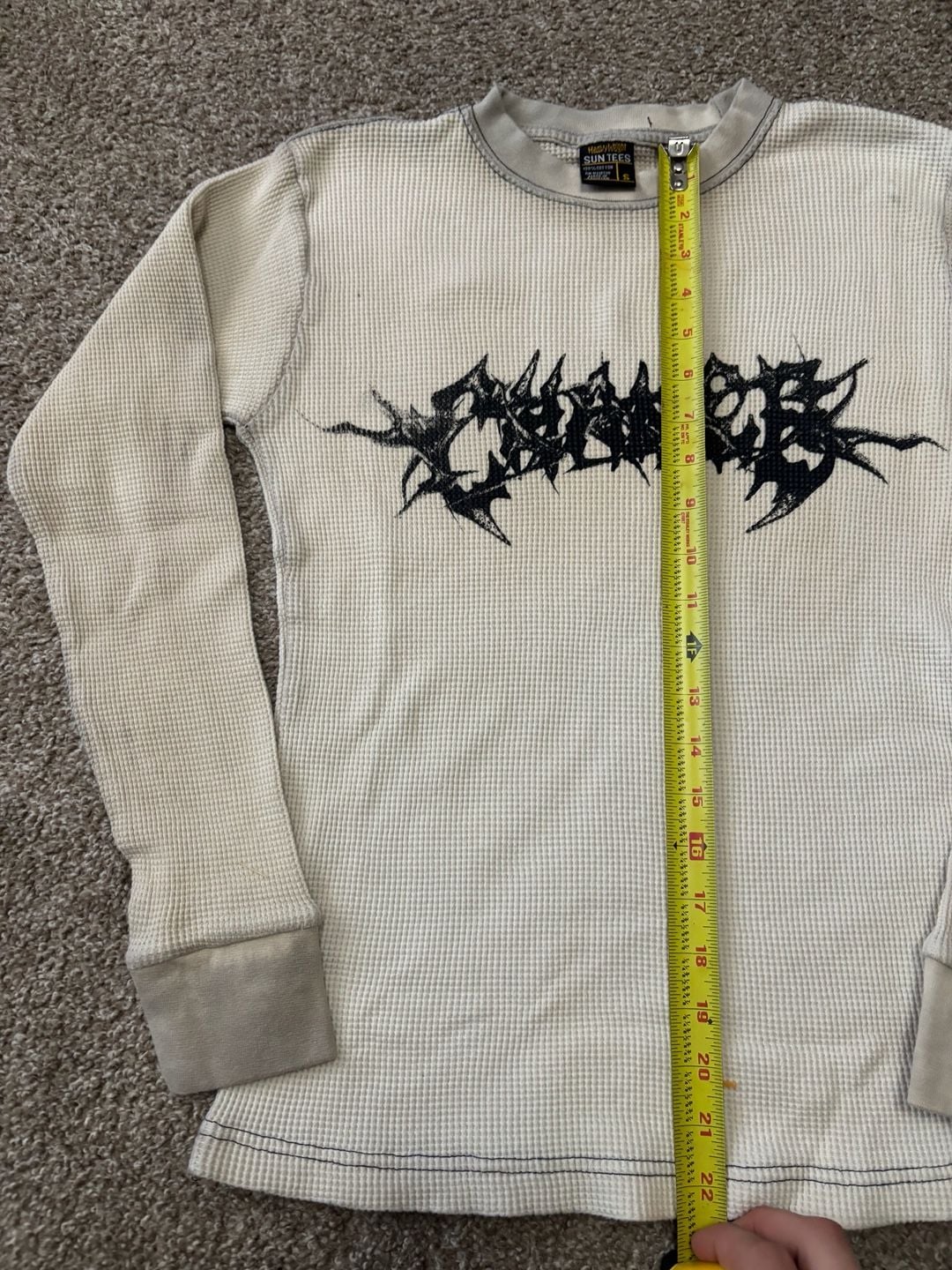 Early 2000s Sun Tees Heavyweight Graphic Waffle Long Sleeve Thermal Shirt Size S Off White 3