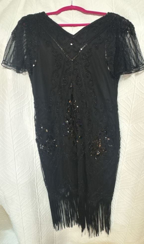 PrettyGuide Flapper Dress Size XL Black Beaded Sequin Fringe Art Deco 6