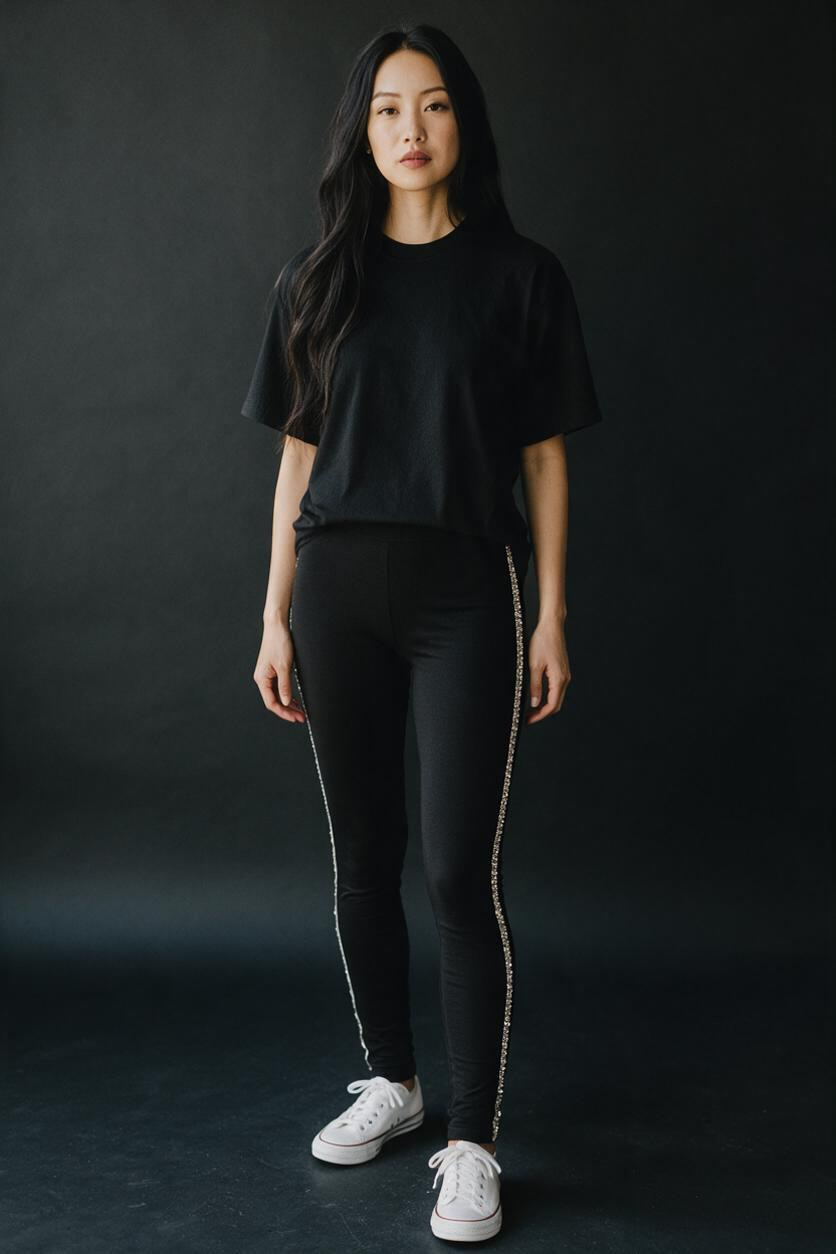 Zara Leggings Size L Black Rhinestone Side Stripe 2
