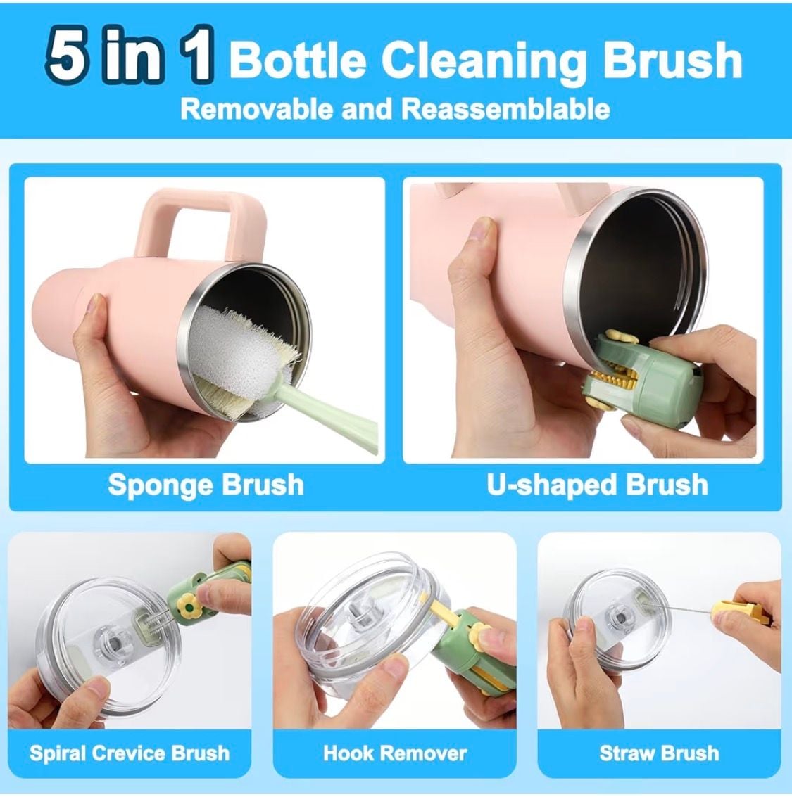 Generic 5 in 1 Bottle Cleaning Brush Set Green 3