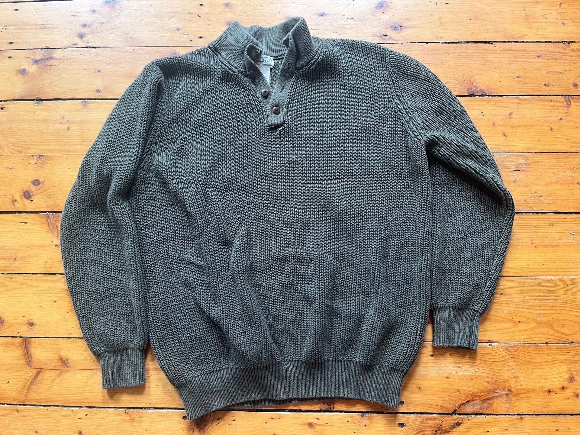 LL Bean Cotton Henley Sweater XXL-Tall Green Mock Neck Button Pullover 2