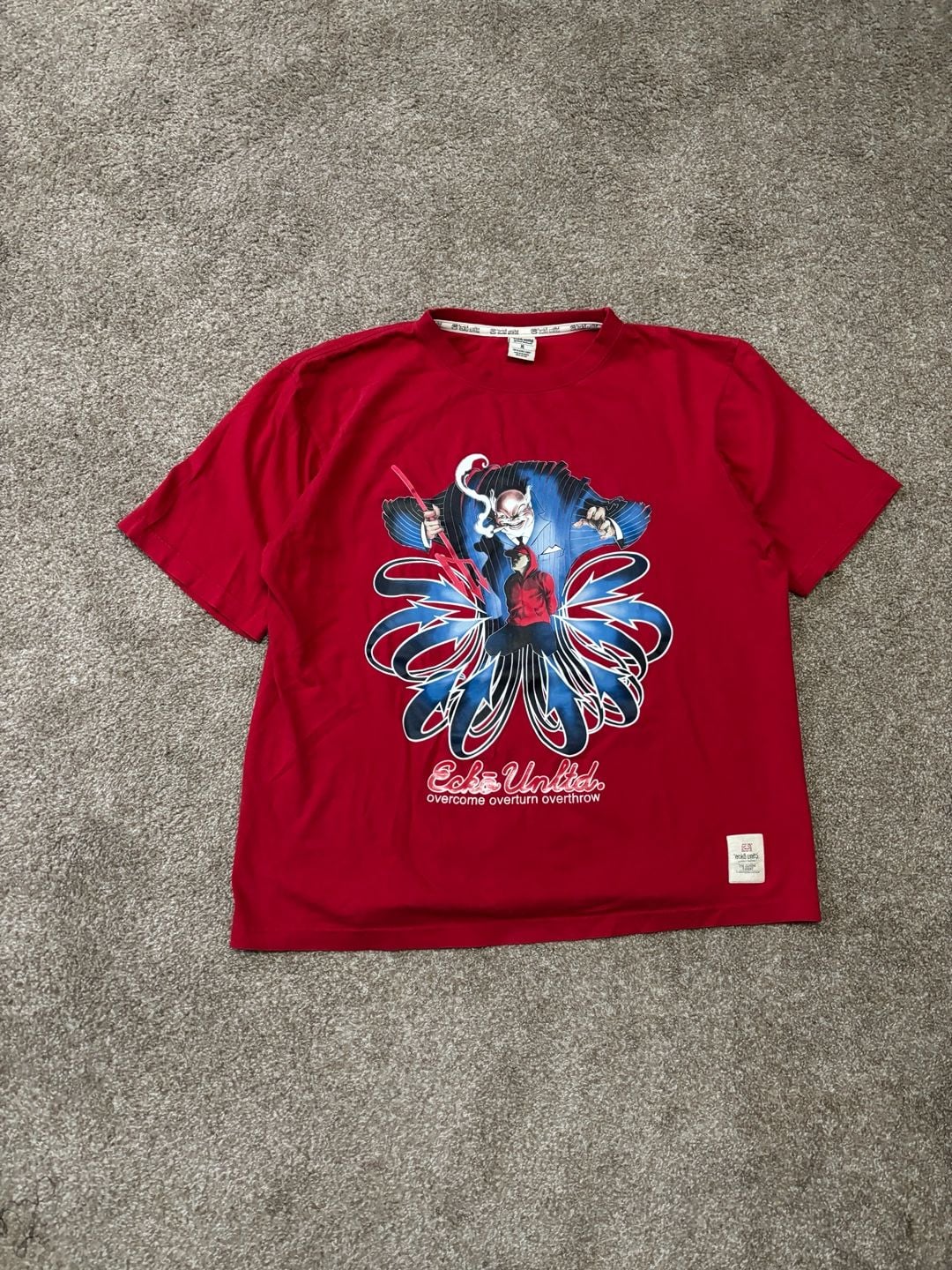 Early 2000s Y2K Ecko Unltd Graphic T-Shirt Size XL Red Overcome Overturn Overthrow 2