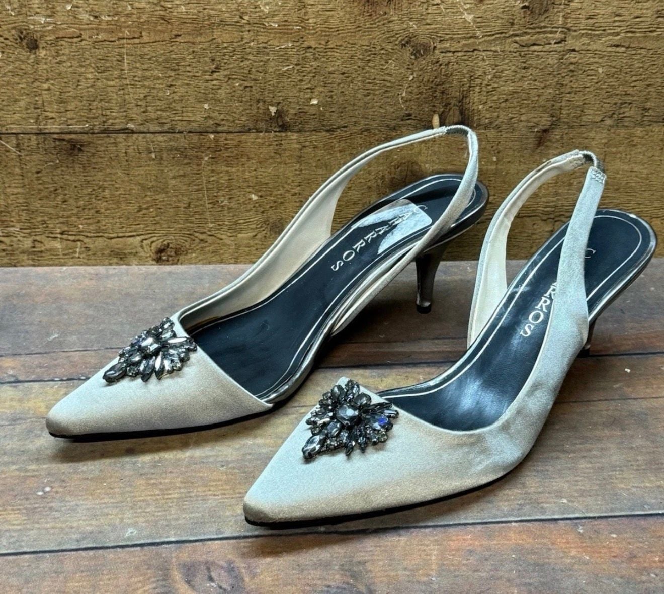 Caparros Renata Slingback Heels Size 9 M Fawn Satin Rhinestone Pumps 9