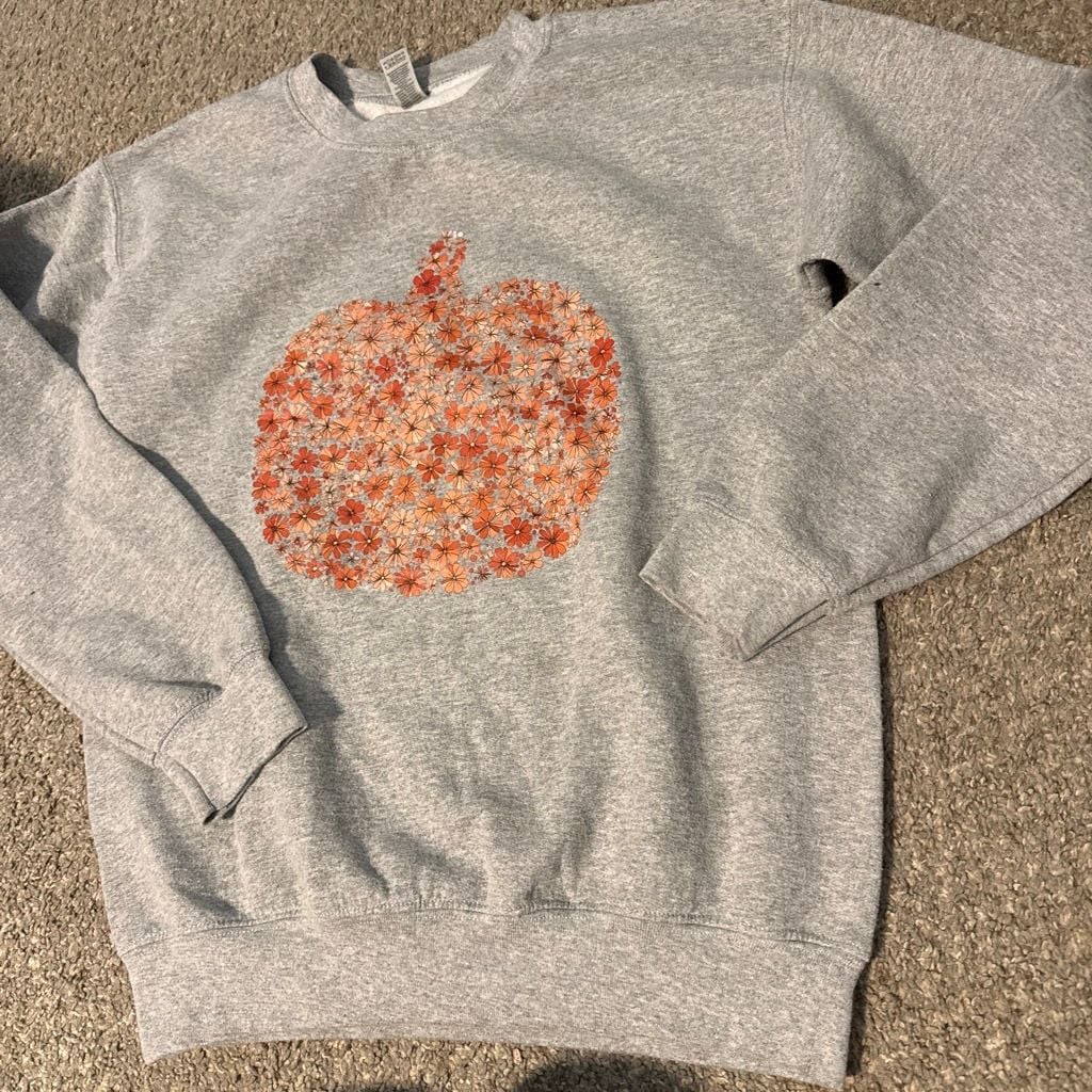 Gildan Floral Pumpkin Sweatshirt Size S Gray Fall Boho 2