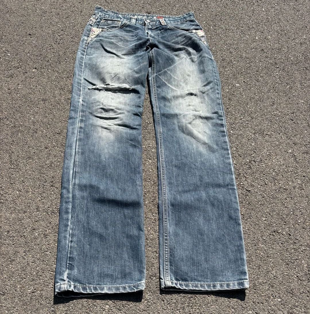 JizoJapanese Brand Embroidered Distressed Denim Jeans Blue 4