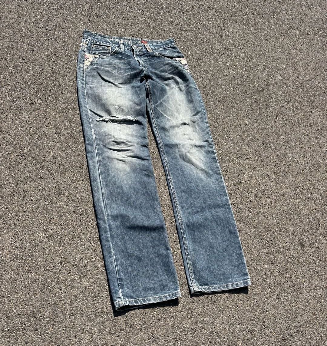 JizoJapanese Brand Embroidered Distressed Denim Jeans Blue 5