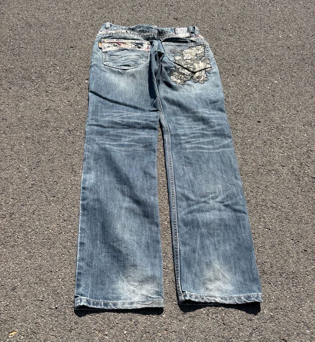 JizoJapanese Brand Embroidered Distressed Denim Jeans Blue 3