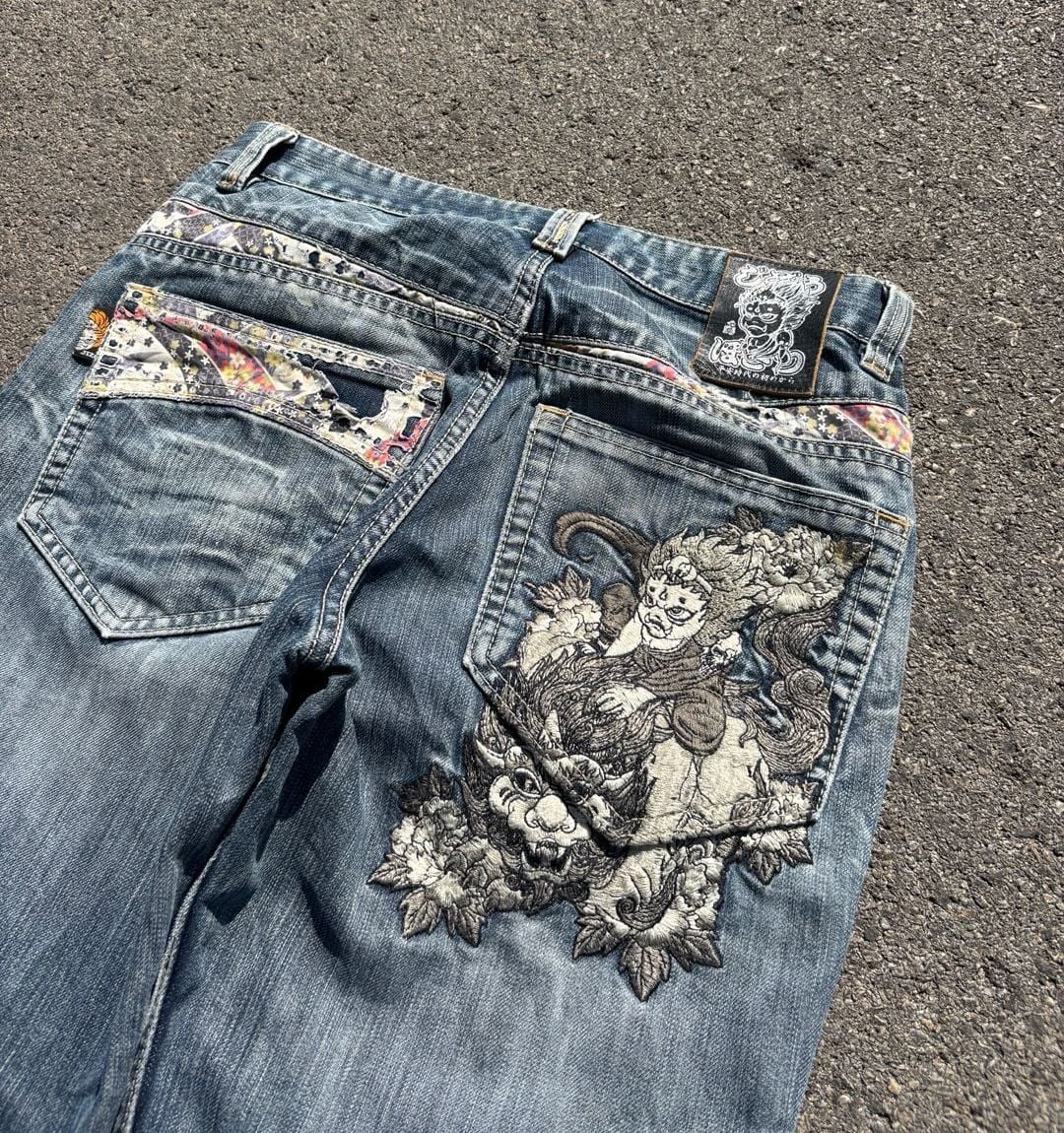 JizoJapanese Brand Embroidered Distressed Denim Jeans Blue 2
