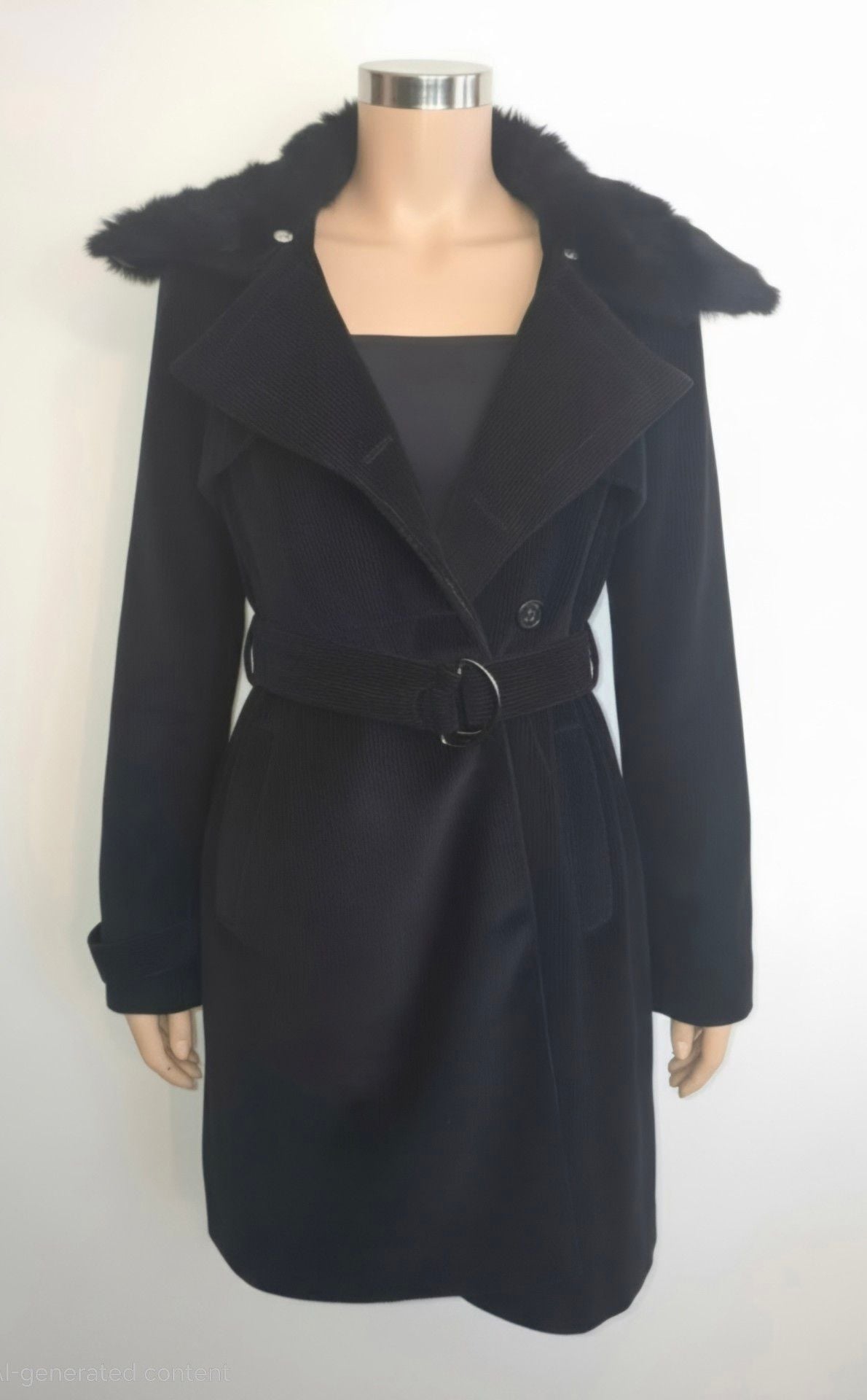 Bebe Corduroy Trench Coat Black Real Fur Collar Y2K 2