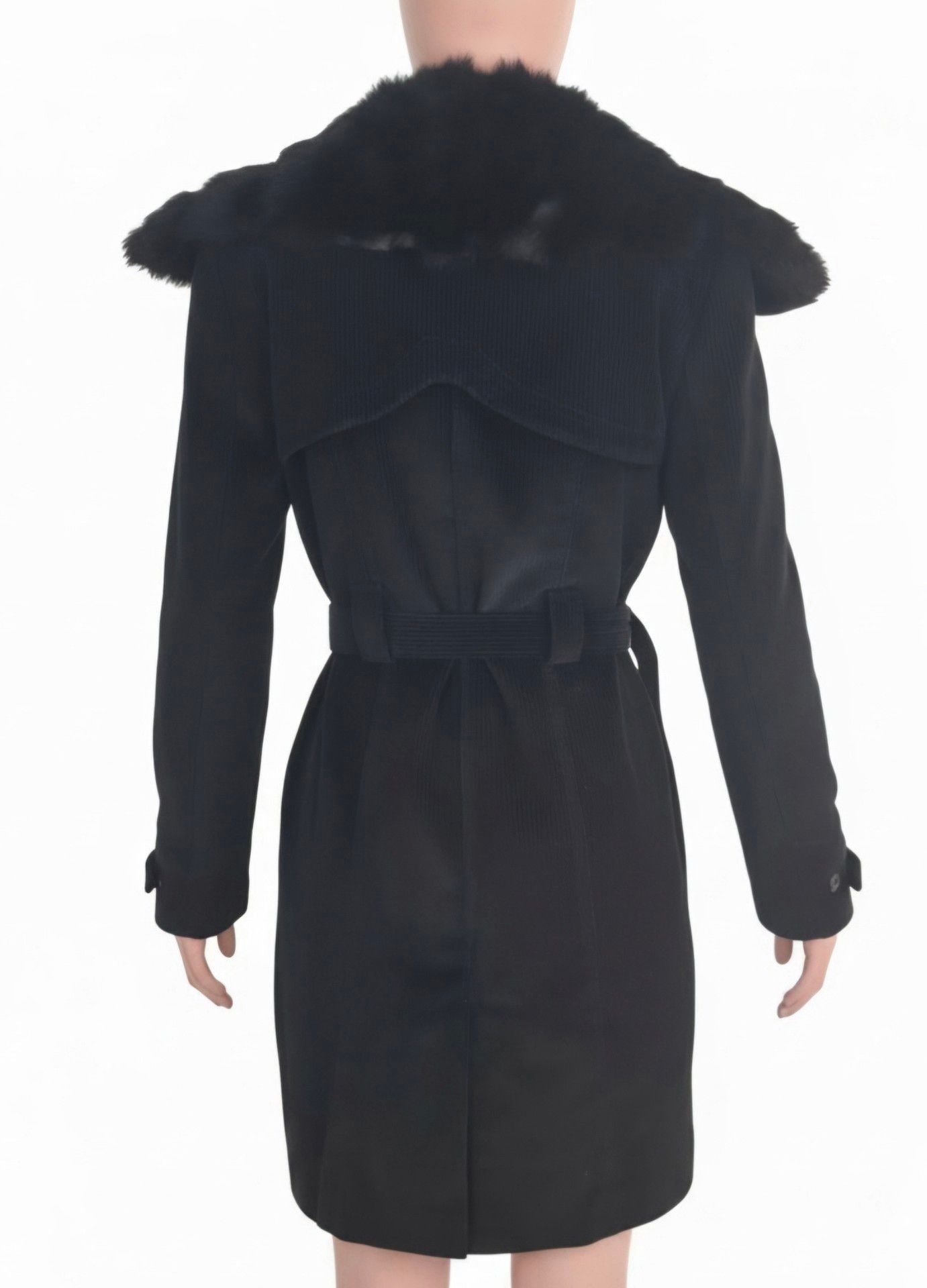 Bebe Corduroy Trench Coat Black Real Fur Collar Y2K 4