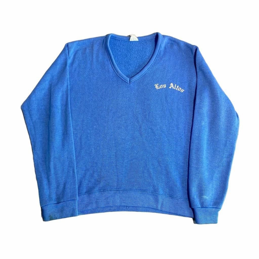 True Vintage 70s Los Altos V-Neck Sweater Blue Knit Embroidered Pullover 2