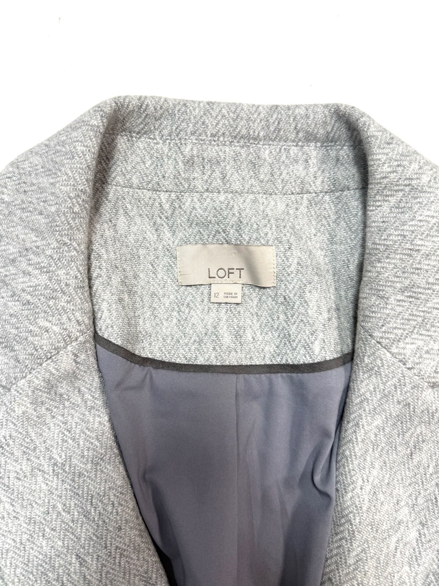 LOFT Women's Blazer Size 12 Preppy Old Money Academia Heritage Tweed Herringbone Gray Elbow Patches One Button Fitted Jacket Faux Suede Flap Pockets Career Workwear 10