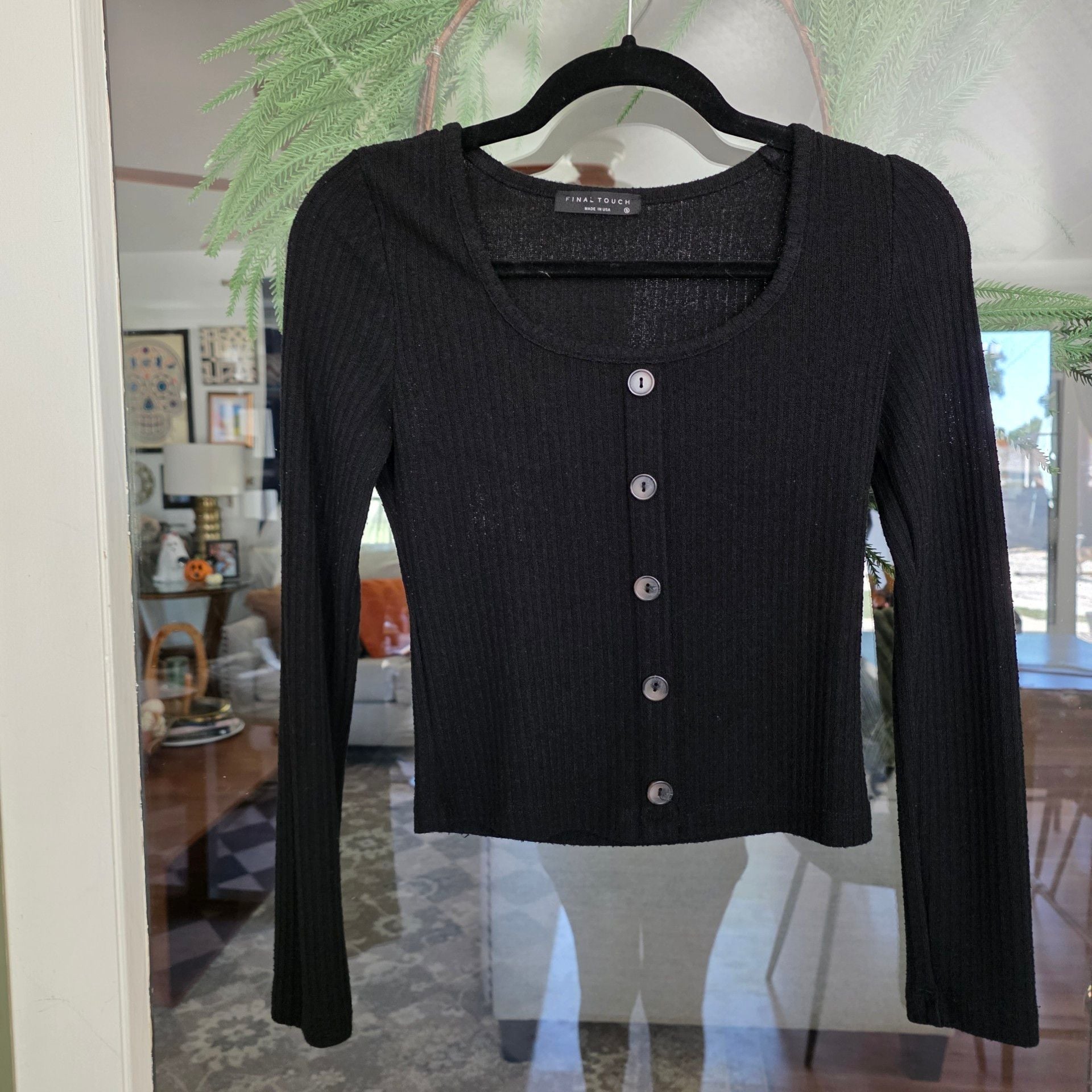 Final Touch Black Ribbed Long Sleeve Top Size S 2