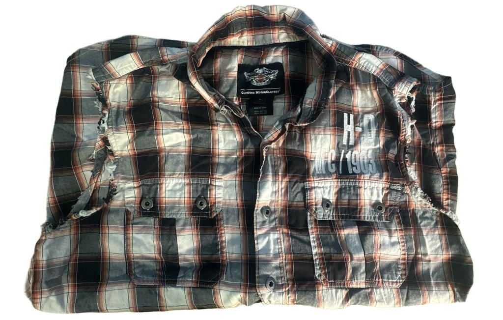 Harley-Davidson Sleeveless Plaid Button-Up Cutoff Shirt Vest Grey Black White 2