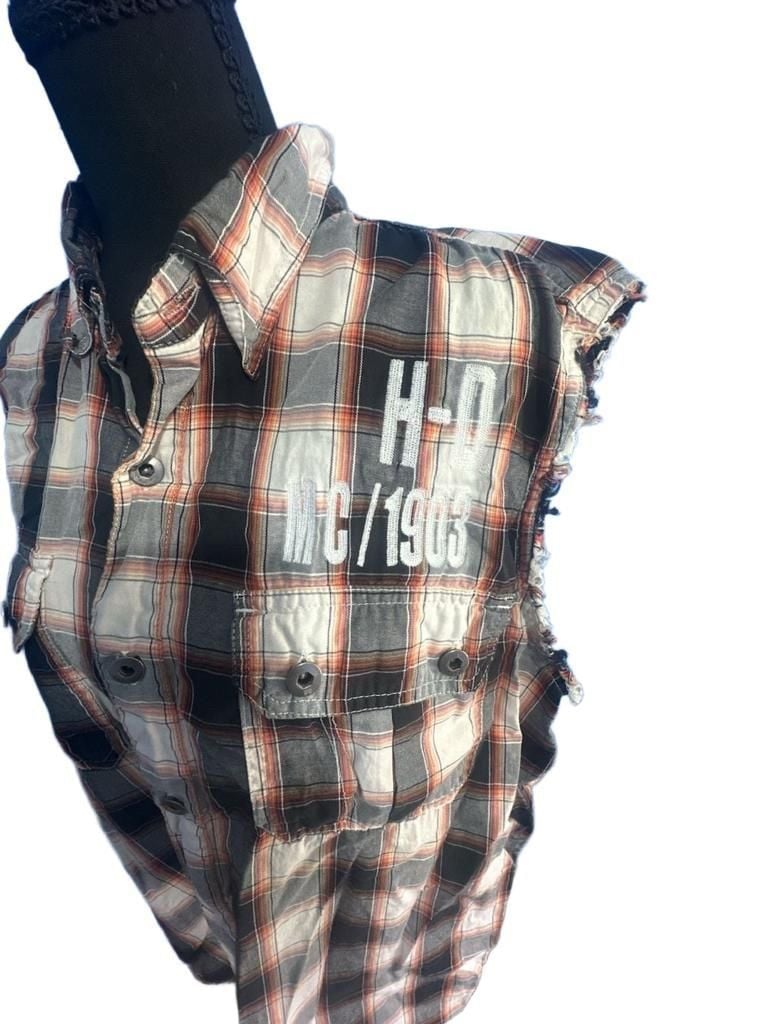 Harley-Davidson Sleeveless Plaid Button-Up Cutoff Shirt Vest Grey Black White 4