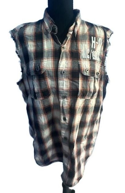 Harley-Davidson Sleeveless Plaid Button-Up Cutoff Shirt Vest Grey Black White 3
