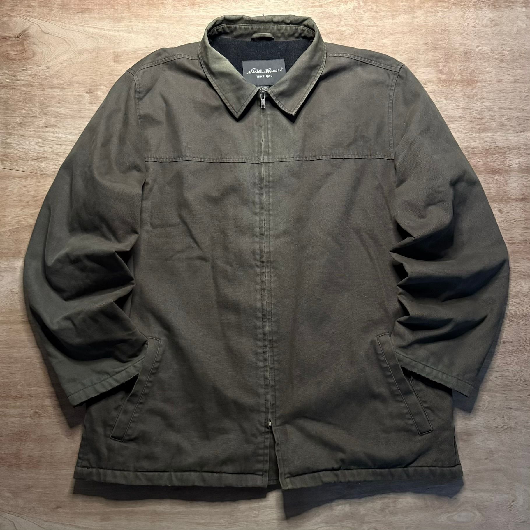 Eddie Bauer Men’s XL Tall Olive Heritage Fleece Lined Canvas Work Jacket 2